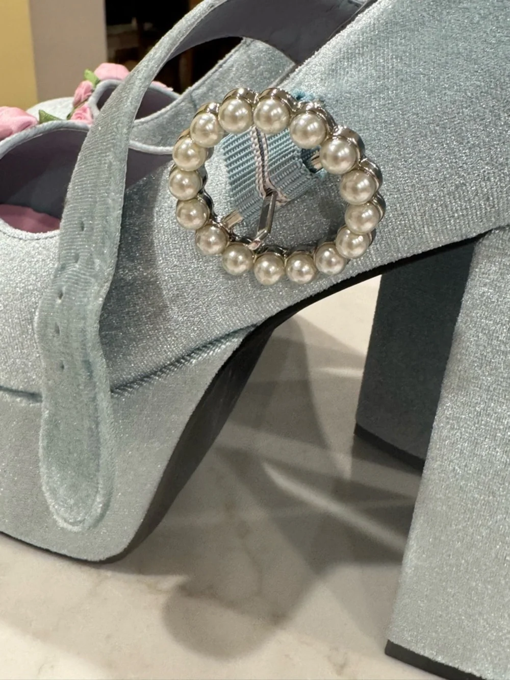 Platform heels, faux velvet, size 10, light blue - Picture 4 of 16